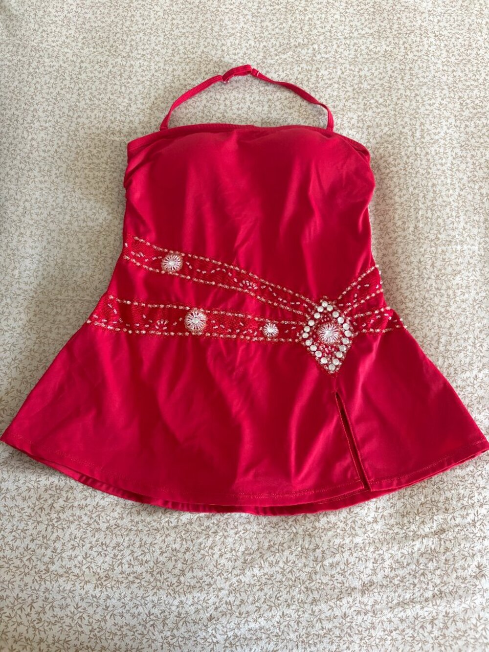 shape fx Red Beaded Swim Dress | Size 4 | Skirted One‑Piece w/ Slit